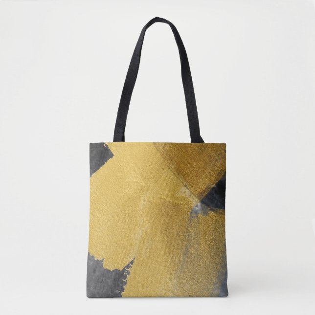 Bolsa Tote Folha Dourada, design preto abstrato (Frente)