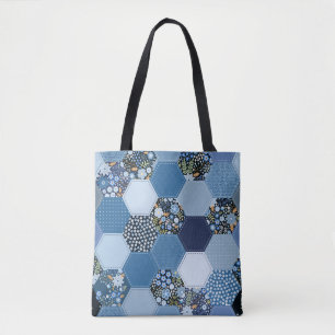Bolsa Tote Folha floral, colagem de denim: padrão azul.