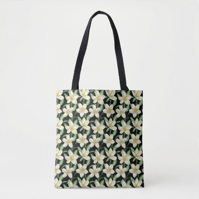 Bolsa Tote Folha verde de flores brancas de forma contínua tr (Frente)