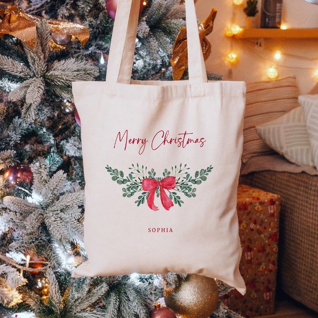 Bolsa Tote Folhagem de Natal e Arco Vermelho | Feliz Natal (Criador carregado)