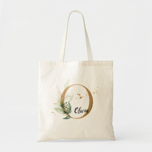 Bolsa Tote Folhagem Elegante Dourada Folha Verde Personaliza  (Frente)