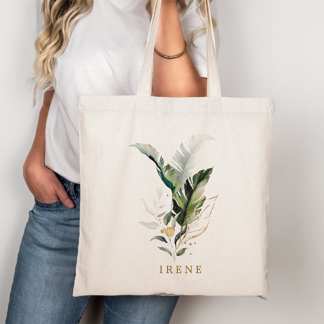Bolsa Tote Folhagem Tropical Aquarela Rótulo Dourado (Criador carregado)