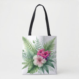 Bolsa Tote Folhagem Tropical e Flores de Hibisco