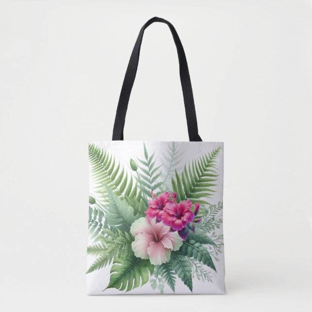 Bolsa Tote Folhagem Tropical e Flores de Hibisco (Frente)