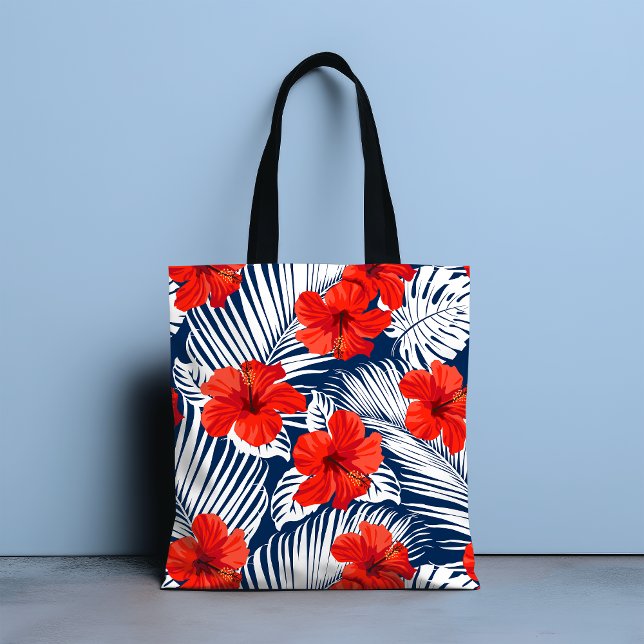 Bolsa Tote Folhagem Tropical Red Floral Hibiscus (Criador carregado)
