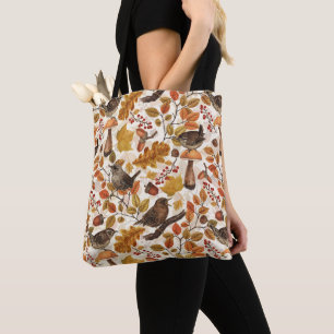 Bolsa Tote Folhas, bagas, cogumelos e wrenes de outono