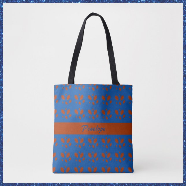 Bolsa Tote Folhas Bonito de ferrugem botânica no Design azul  (Criador carregado)