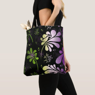 Bolsa Tote Folhas coloridas estilizadas e flores a preto