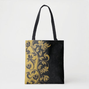 Bolsa Tote folhas de flores amarelas pretas