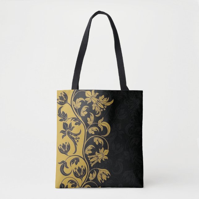 Bolsa Tote folhas de flores amarelas pretas (Frente)