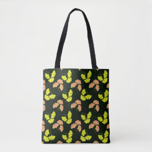 Bolsa Tote Folhas de Ginko Pastel-Neon em Fundo Preto