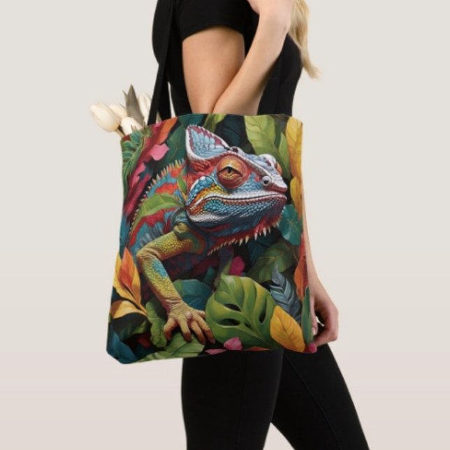 Bolsa Tote Folhas de Lagarto & Cor (Colourful Lizard Tropical Jungle Art Travel Tote Bag, laminated  for extra support. Made in USA. 
)