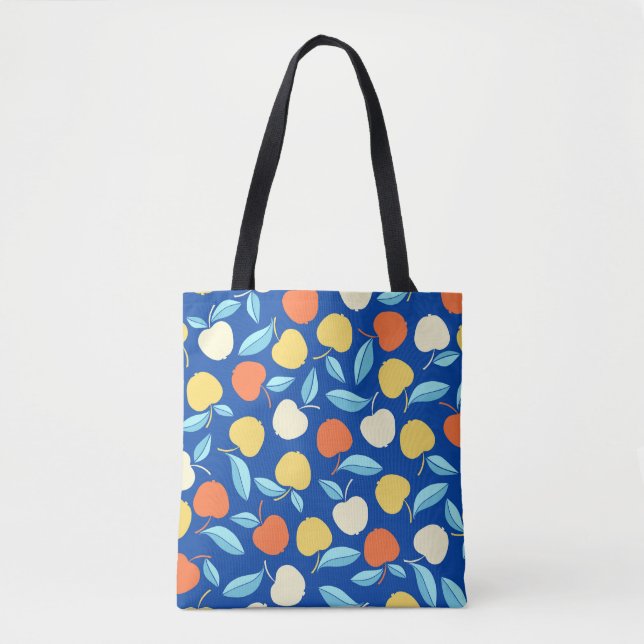 Bolsa Tote Folhas de maçãs, fundo azul, padrão sem costura. (Frente)