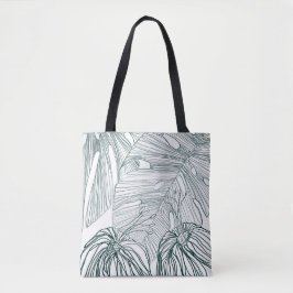 Bolsa Tote folhas de monstera verde-escura e lírios contorno