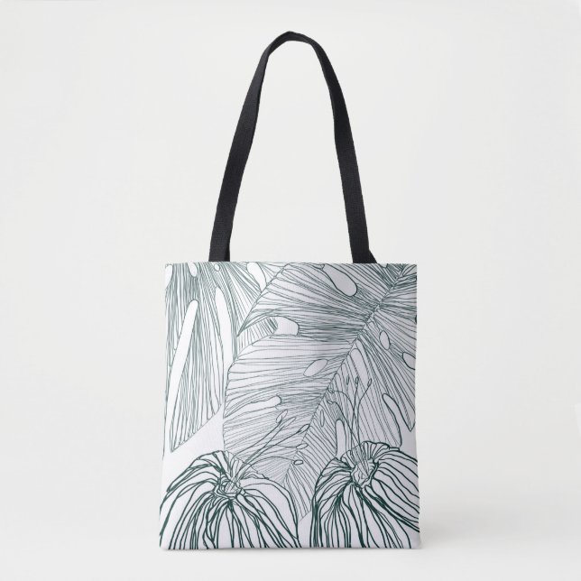 Bolsa Tote folhas de monstera verde-escura e lírios contorno (Frente)