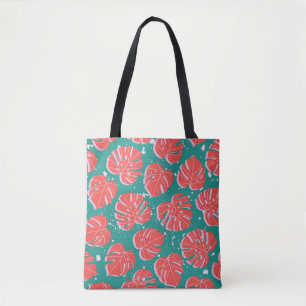 Bolsa Tote Folhas de monstera vermelha em um padrão verde se