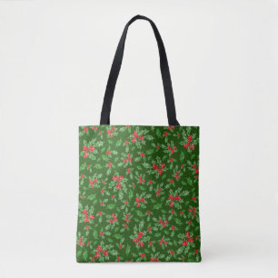 Bolsa Tote Folhas de Natal e bagas vermelhas e verdes