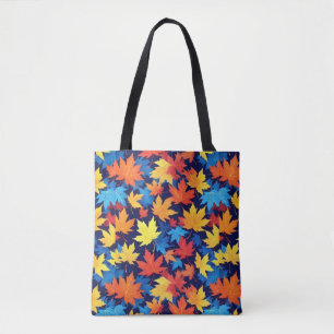 Bolsa Tote Folhas de outono Coloridas em Fundo Azul Escuro