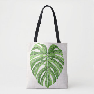 Bolsa Tote Folhas de palma bordadas. Monstera Tropical Verde