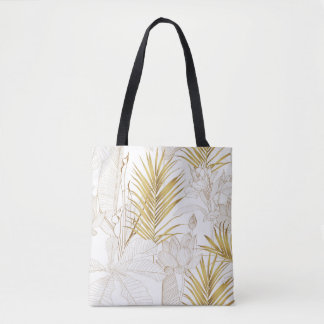 Bolsa Tote Folhas de palma de ouro de linha floral exótica tr