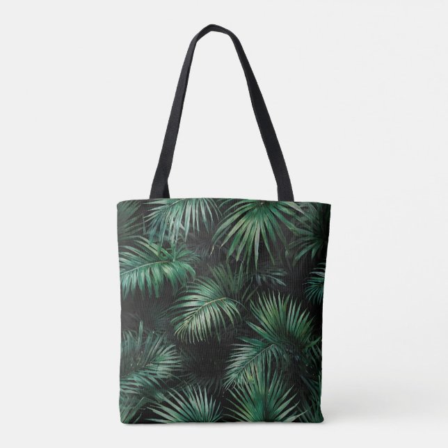 Bolsa Tote Folhas de Palma Tropicais, pretas e verdes (Verso)