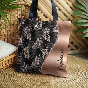 Bolsa Tote Folhas de Palmeira Glam Rosa Dourado Preto Metálic