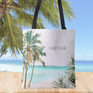 Bolsa Tote Folhas de Palmeira Tropical Monogramada Praia Azul