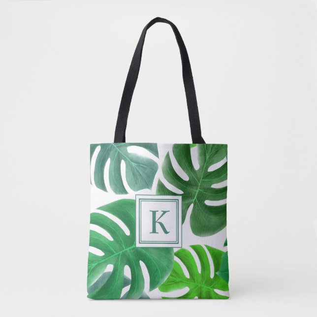 Bolsa Tote Folhas de Planta Monstera Verde Padrão Monogramado (Frente)