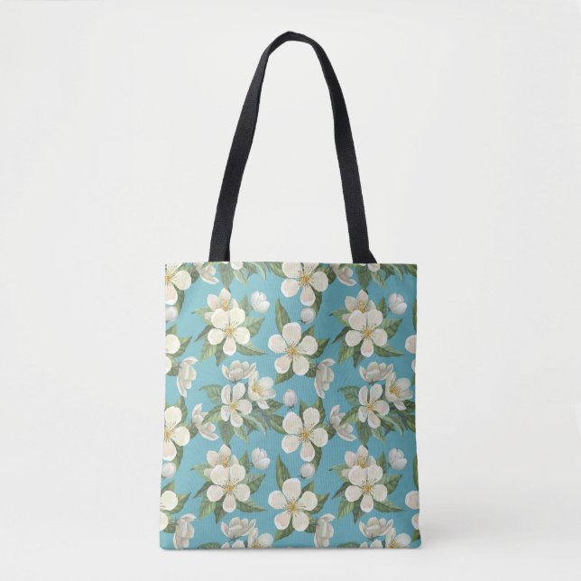 Bolsa Tote Folhas de Verde Flores de Água Brancas (Frente)