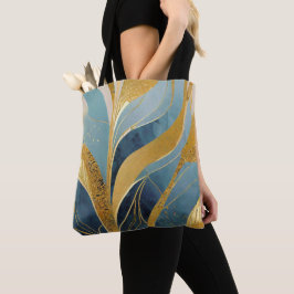 Bolsa Tote Folhas douradas e azuis em abstrato