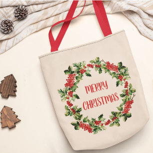 Bolsa Tote Folhas e Bagas de Azevinho de Natal Feliz Natal