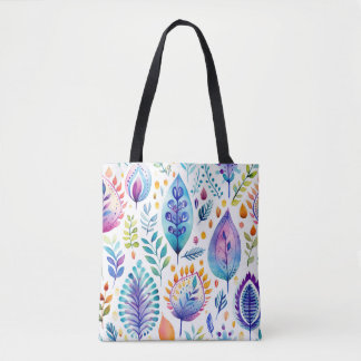 Bolsa Tote Folhas e Penas Coloridas Boho