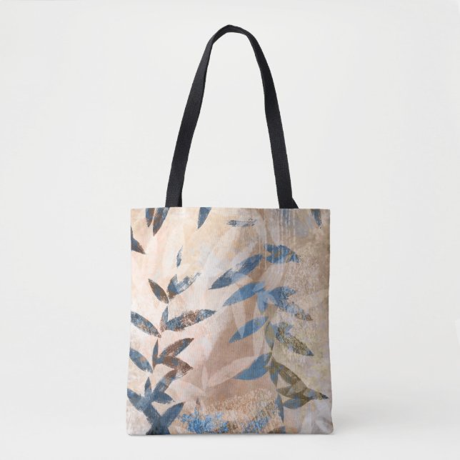 Bolsa Tote Folhas em camadas de abstrato - Azul e Neutro (Frente)
