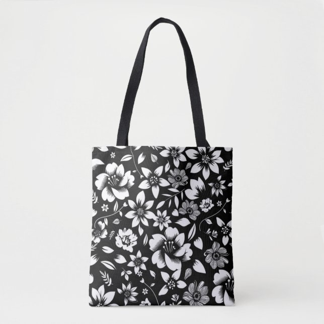 Bolsa Tote Folhas Florais Modernas Brancas Negras Brilhando I (Frente)