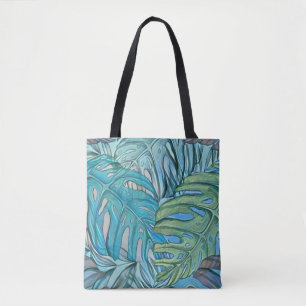 Bolsa Tote Folhas tropicais azuis coloridas, cor d'água