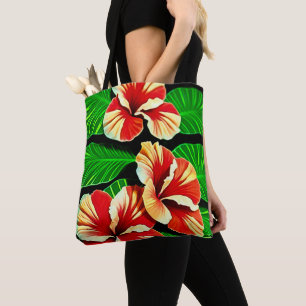 Bolsa Tote Folhas Tropicais Coloridas e Flores de Hibisco  