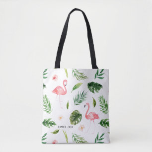 Bolsa Tote Folhas Tropicais de Aquarela e Flamingo