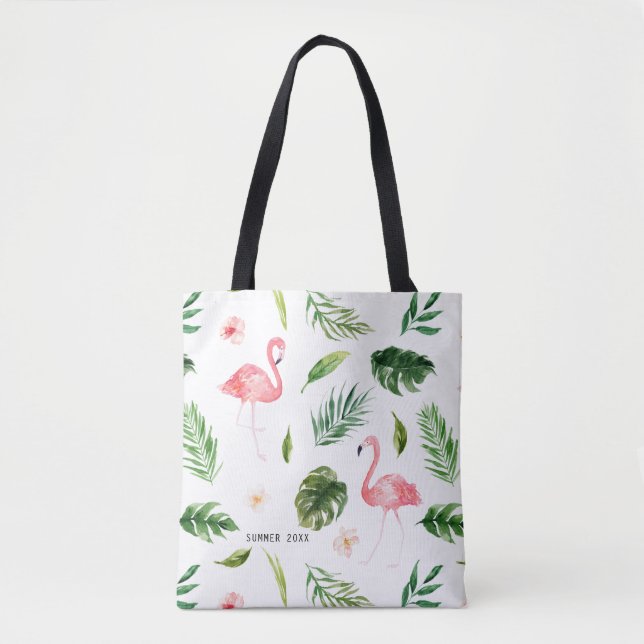 Bolsa Tote Folhas Tropicais de Aquarela e Flamingo (Frente)