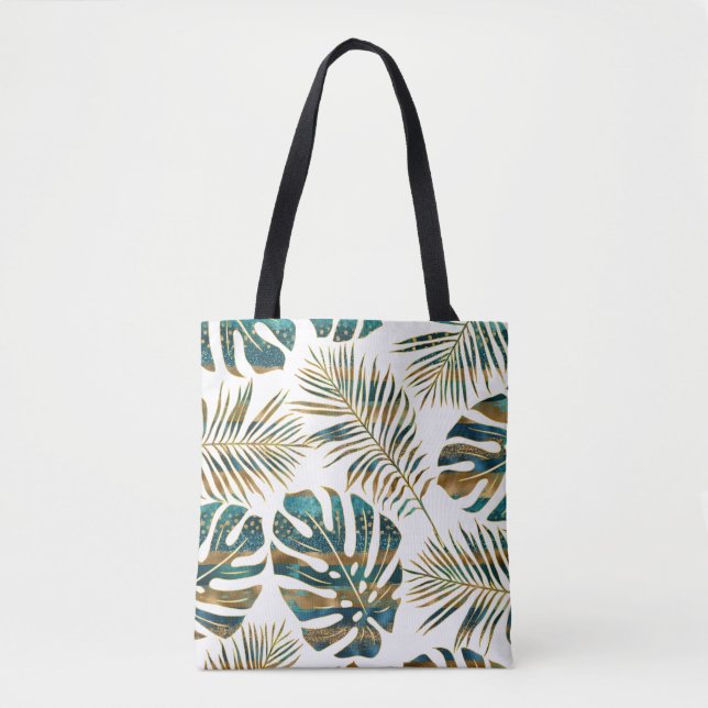 Bolsa Tote Folhas tropicais de téal e de ouro padronizadas (Frente)