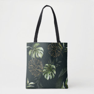 Bolsa Tote Folhas Tropicais Douradas: Cor de Água Escura