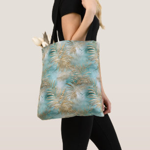 Bolsa Tote Folhas Tropicais Douradas de Aqua White