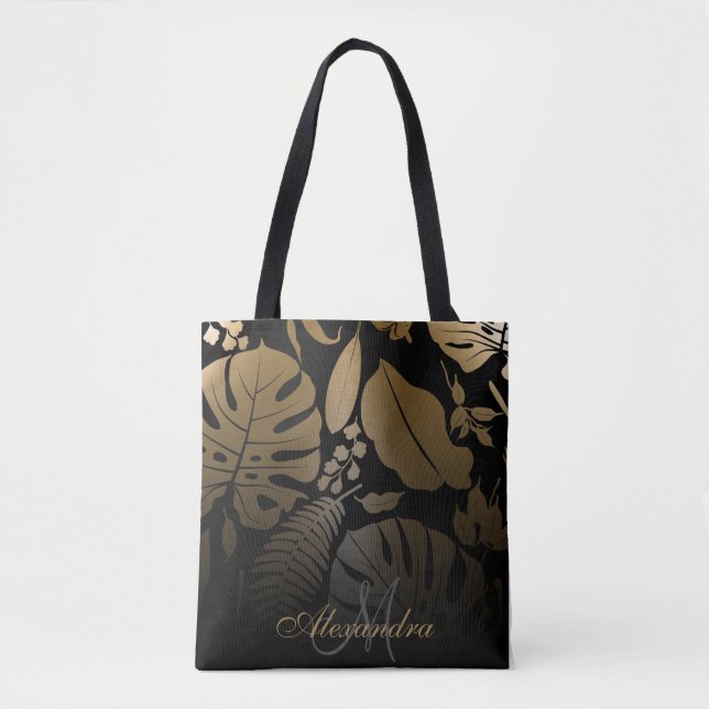 Bolsa Tote Folhas tropicais Douradas e pretas (Frente)