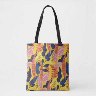 Bolsa Tote Folhas tropicais e bagas, fundo amarelo.