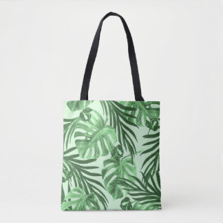 Bolsa Tote Folhas tropicais e flores, padrão de aquarela.