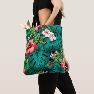 Bolsa Tote Folhas Tropicais Elegantes e Flores de Hibisco  