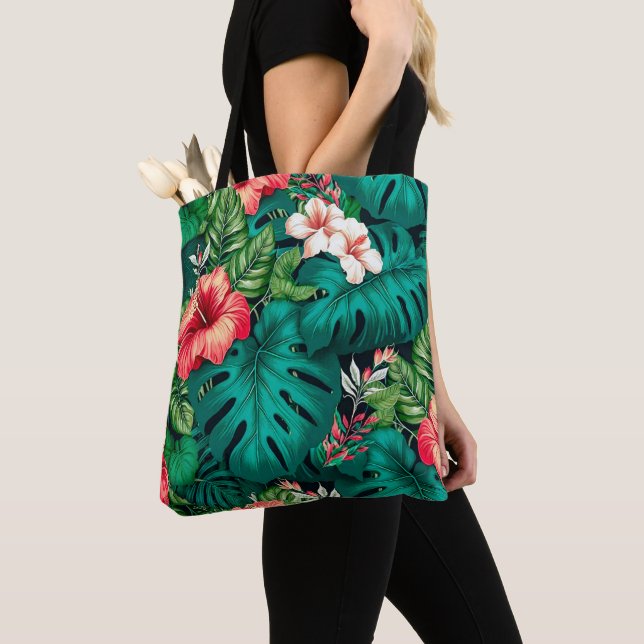 Bolsa Tote Folhas Tropicais Elegantes e Flores de Hibisco | (Close Up)