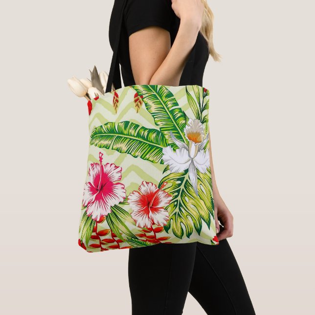 Bolsa Tote Folhas Tropicais Elegantes e Flores de Hibisco | (Close Up)
