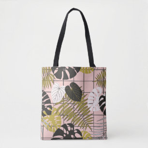 Bolsa Tote Folhas tropicais, flores, padrão pintado à mão.