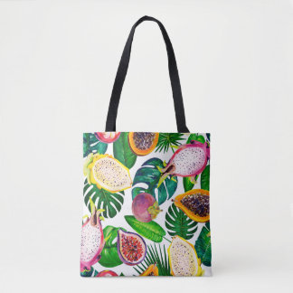 Bolsa Tote Folhas tropicais, frutas, padrão sem costura de gu