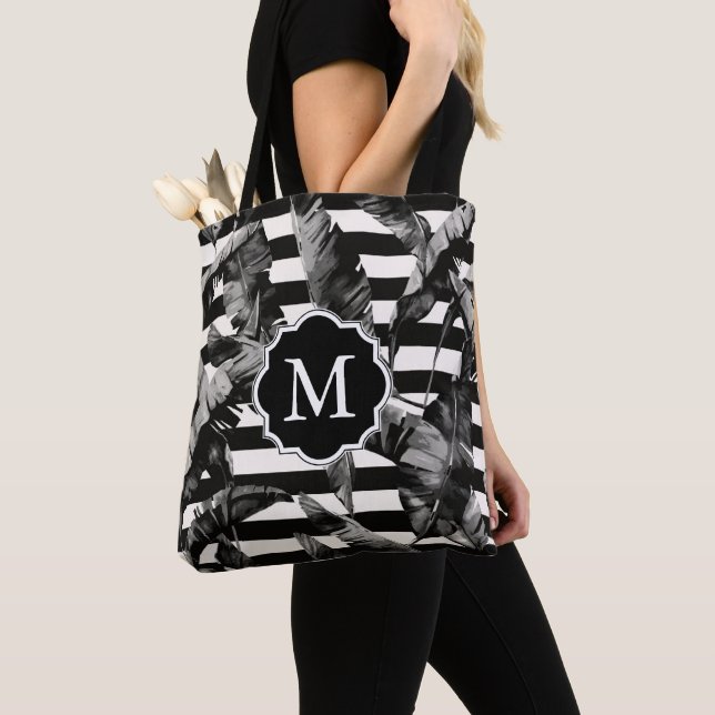 Bolsa Tote Folhas Tropicais Pretas e Brancas (Close Up)